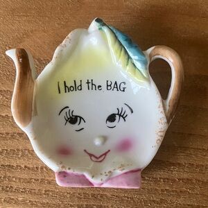 Vintage tea bag holder teapot shape with face I hold the bag